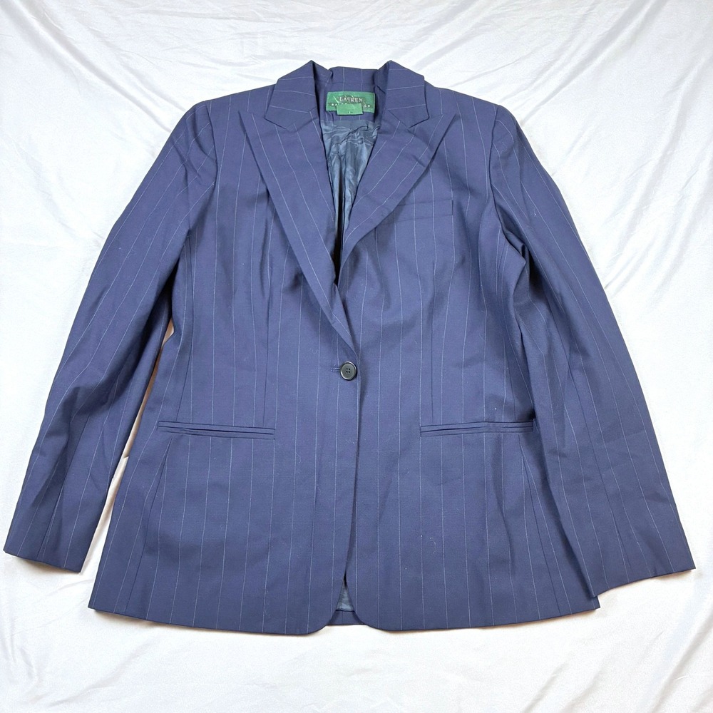 Lauren Ralph Lauren Navy Pinstripe Blue Blazer 10 Wool Blend Peak Lapel VTG
